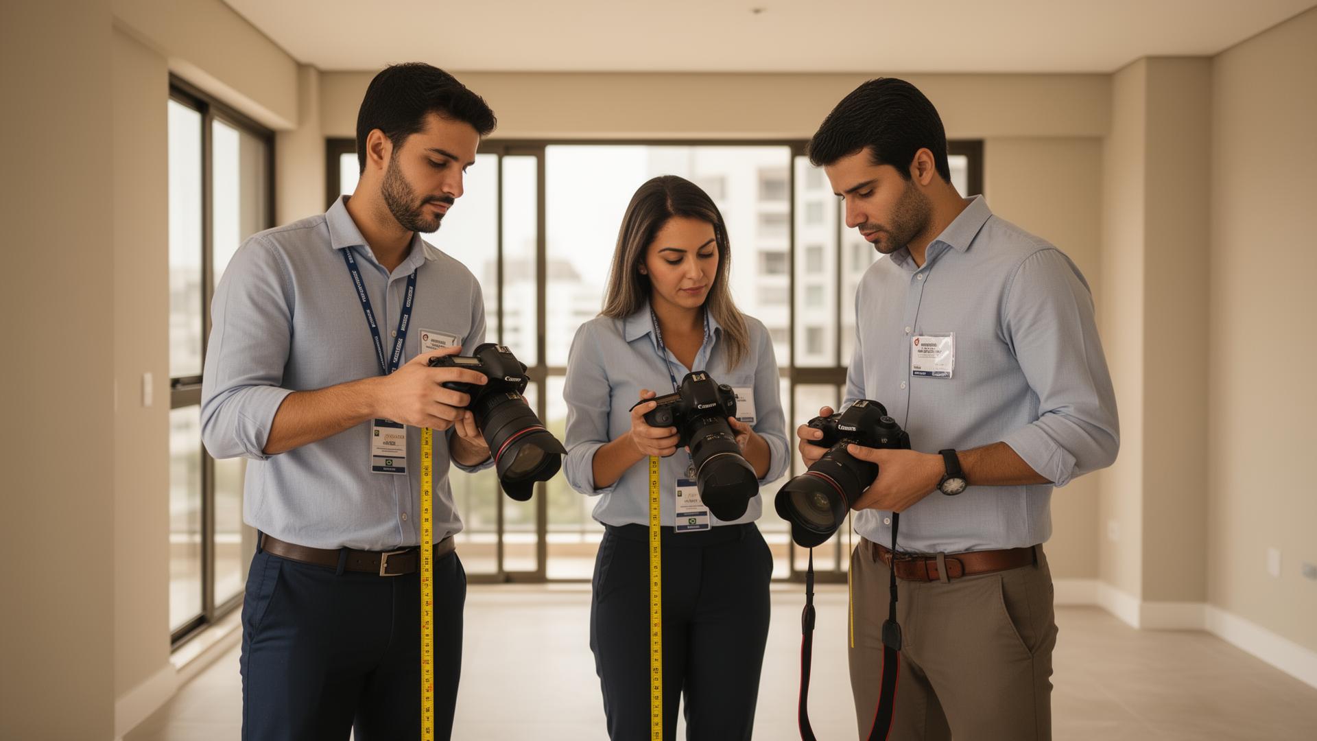 Equipe Veritas com câmeras e trenas durante vistoria